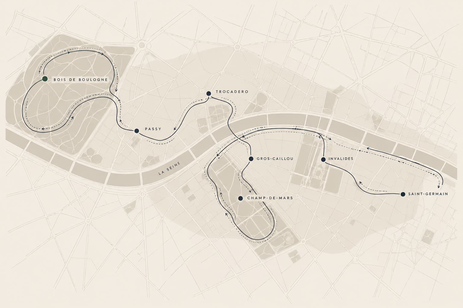 Plan stylisé de la zone desservie, de Passy à Saint-Germain, avec le bois de Boulogne, le Champ-de-Mars et les Invalides